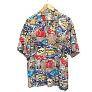 Vintage Paradise Found Route 66 Hawaiian Shirt Rayon Road Trip Large Cars